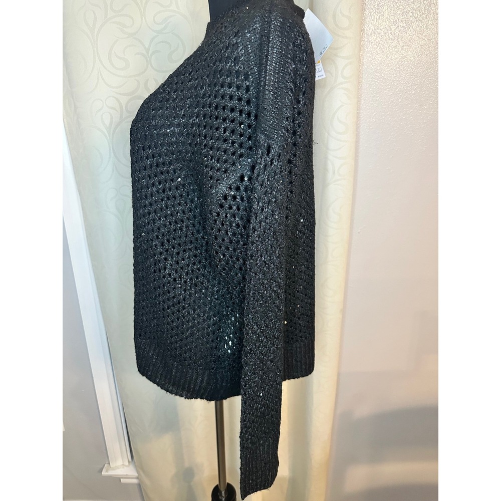 Jessica Simpson Black Sequin Open Knit Mock Neck Sweater Women's Size- X Large - Picture 6 of 8